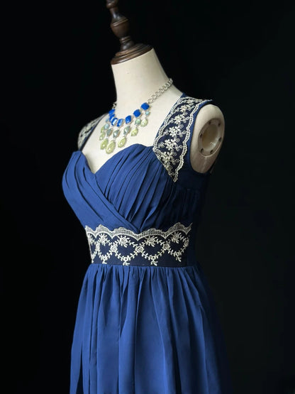 Simple Prom Dresses A line Sweetheart Navy Blue Chiffon With Lace Sleeveless Long Formal Outfits RB5982