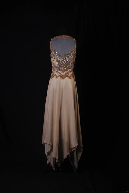 Funkelnde Ballkleider im ästhetischen A-Linien-Stil mit Rundhalsausschnitt aus champagnerfarbenem Chiffon mit Perlen – Inspiration für festliche, halbformelle Anlässe für Teenager und Jugendliche der Oberstufe (AS174)