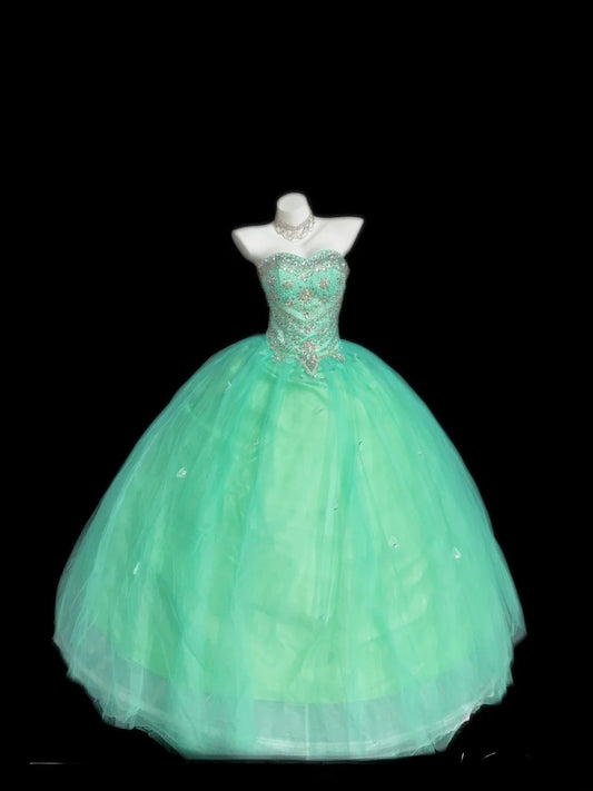 Princess Ball Gown Strapless Green Tulle Long With Beading Corset Fitted Sweet 16 Dresses Seventeen Quince Dress RB3607