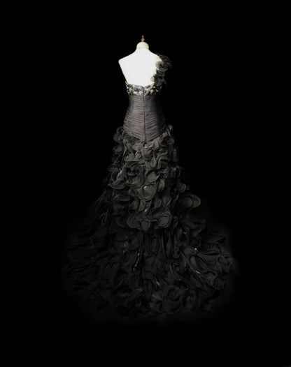 Vintage Prom Dresses Mermaid One Shoulder Black Tie Dress With Tiered Layers Long Party Gown Formal Outfits RB5983