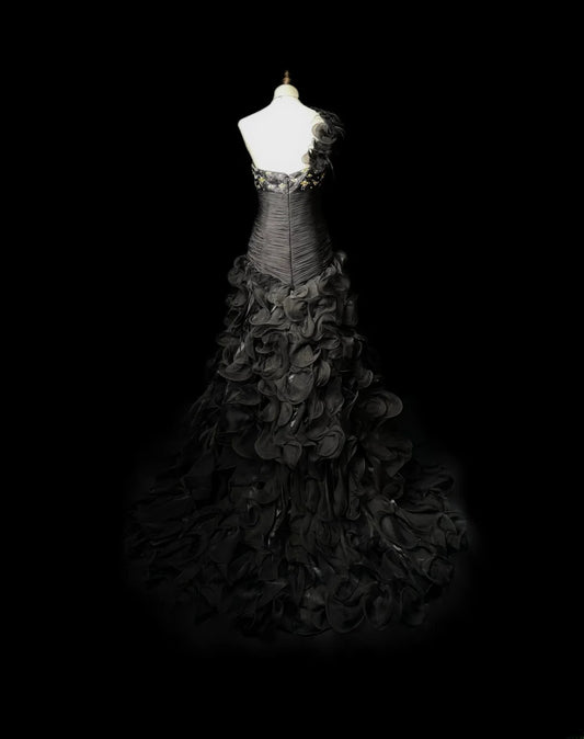 Vintage Prom Dresses Mermaid One Shoulder Black Tie Dress With Tiered Layers Long Party Gown Formal Outfits RB5983