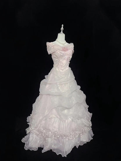 Cute Ball Gown Off The Shoulder Pink Organza With Tiered Layers Long Quince Dress Voluminous Sweet 16 Sweet Sixteen Outfits Vestido de 15 RB7576