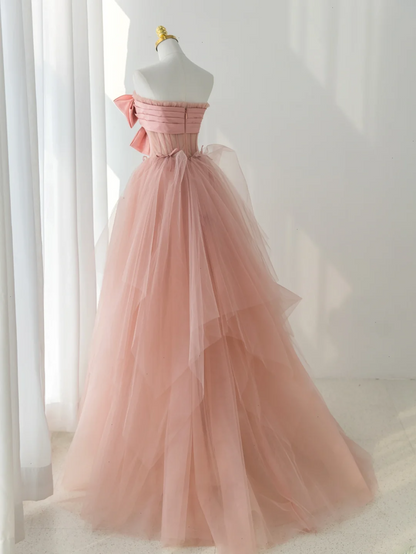 Robe de bal élégante sans bretelles en tulle rose, longue et formelle, idéale pour une soirée dansante ou un 18e anniversaire (AS176)