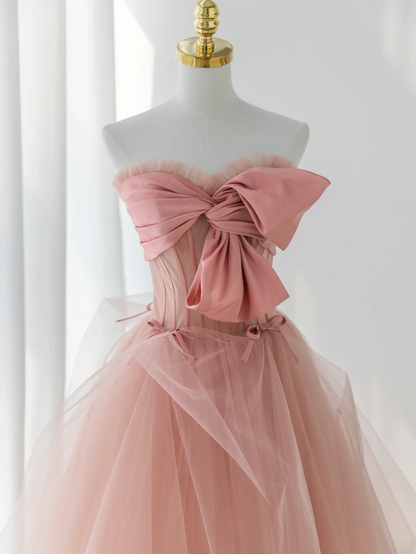 Robe de bal élégante sans bretelles en tulle rose, longue et formelle, idéale pour une soirée dansante ou un 18e anniversaire (AS176)