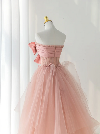 Robe de bal élégante sans bretelles en tulle rose, longue et formelle, idéale pour une soirée dansante ou un 18e anniversaire (AS176)