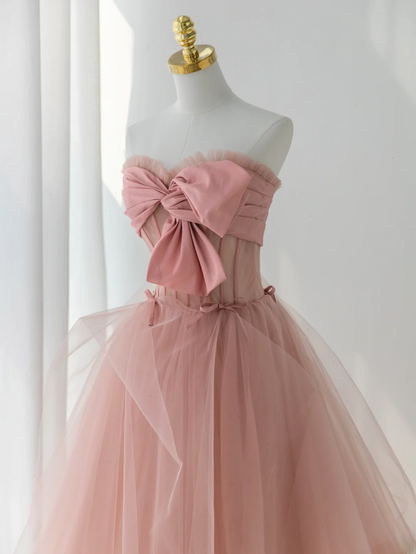Robe de bal élégante sans bretelles en tulle rose, longue et formelle, idéale pour une soirée dansante ou un 18e anniversaire (AS176)