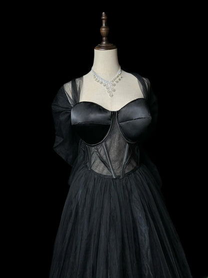 Vintage Prom Dresses A line Sweetheart Tulle Black Tie Dress With Sleeves Long Party Gown Formal Outfits RB5984