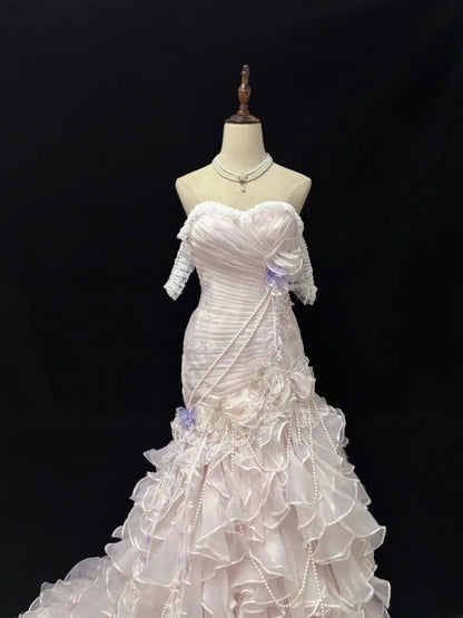 Beautiful Mermaid Sweetheart Pink Tulle With Tiered Layers Prom Dress Formal Outfits Party Dresses RB7577