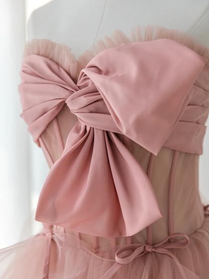 Robe de bal élégante sans bretelles en tulle rose, longue et formelle, idéale pour une soirée dansante ou un 18e anniversaire (AS176)