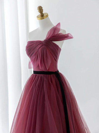 Elegantes, trägerloses, burgunderrotes Tüll-Abendkleid, langes, formelles Ballkleid, Tanznacht-Outfit, Abendkleid zum 18. Geburtstag AS177