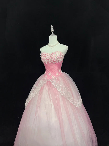 Cute Ball Gown Sweetheart Pink Tulle With Flowers Long Quince Dress Voluminous Sweet 16 Sweet Sixteen Outfits Vestido de 15 RB7578