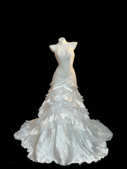 Vintage Style Mermaid Halter 1950s Satin With Tiered Layers Brides Gown Bridal Dress Long Wedding Dresses RB5790