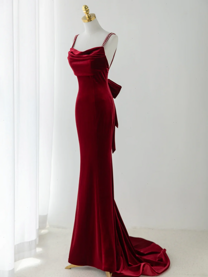 Sexy Meerjungfrauen-Abendkleid mit Spaghettiträgern aus dunkelburgunderfarbenem Samt – modisches und ästhetisches Design für Teenager, festliche Kleider, Party-Outfits, Ballkleid AB1151