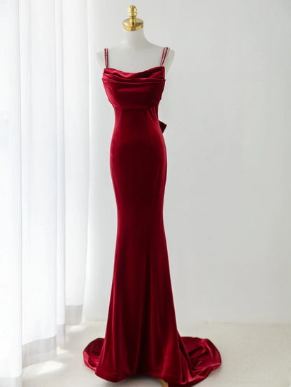 Sexy Meerjungfrauen-Abendkleid mit Spaghettiträgern aus dunkelburgunderfarbenem Samt – modisches und ästhetisches Design für Teenager, festliche Kleider, Party-Outfits, Ballkleid AB1151