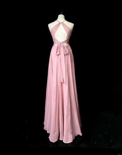 Vintage Prom Dresses A line Scoop Pink Chiffon With Slit Long Party Gown Formal Outfits RB5985