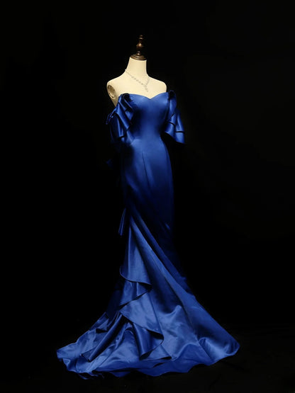 Modest Prom Dresses Mermaid Off The Shoulder Royal Blue Satin With Sleeves Long Formal Outfits RB5986