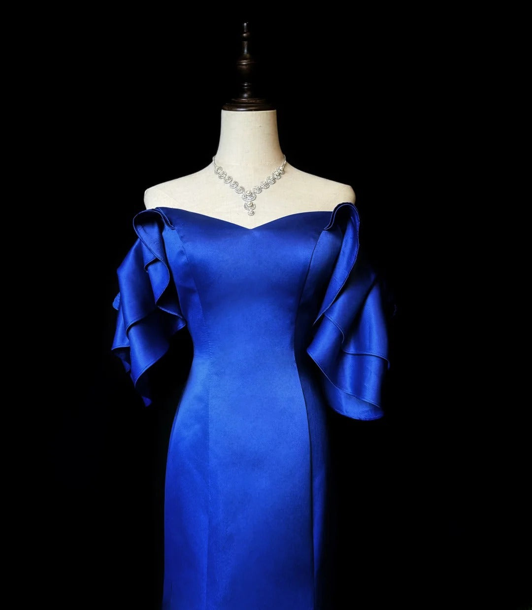 Modest Prom Dresses Mermaid Off The Shoulder Royal Blue Satin With Sleeves Long Formal Outfits RB5986