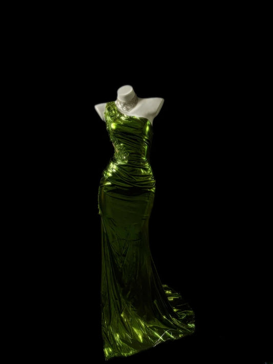 Vintage Prom Dresses Mermaid One Shoulder Green Sequin Sleeveless Long Evening Formal Outfits RB3610
