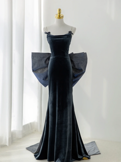 Sexy Meerjungfrauen-Abendkleid aus marineblauem Samt mit Spaghettiträgern – modisches und ästhetisches Design für Teenager, festliche Kleider, Party-Outfits, Ballkleid AS180