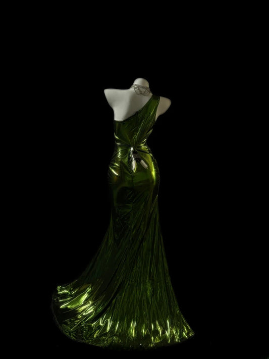 Vintage Prom Dresses Mermaid One Shoulder Green Sequin Sleeveless Long Evening Formal Outfits RB3610