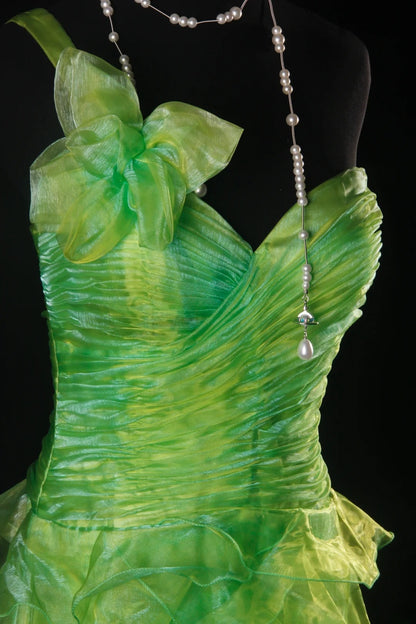 Elegantes, asymmetrisches, schulterfreies grünes Tüll-Abendkleid, langes Partykleid, AB2184