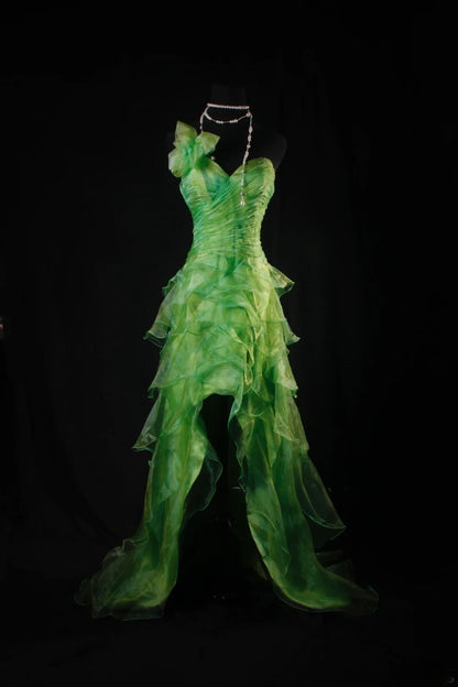 Elegantes, asymmetrisches, schulterfreies grünes Tüll-Abendkleid, langes Partykleid, AB2184