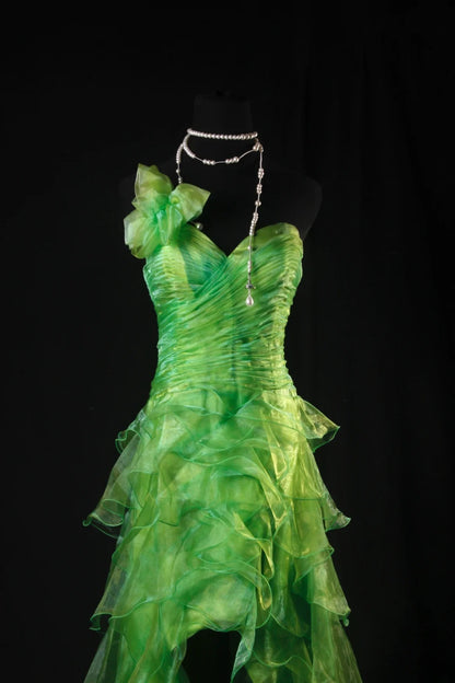 Elegantes, asymmetrisches, schulterfreies grünes Tüll-Abendkleid, langes Partykleid, AB2184