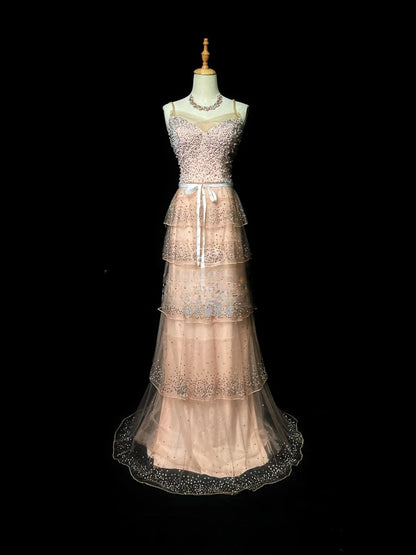 Vintage Prom Dresses A line Spaghetti Strap Pink Sequin With Beads Long Party Gown Formal Outfits RB5987