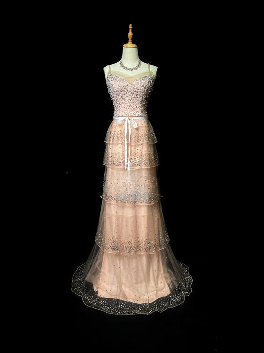 Vintage Prom Dresses A line Spaghetti Strap Pink Sequin With Beads Long Party Gown Formal Outfits RB5987