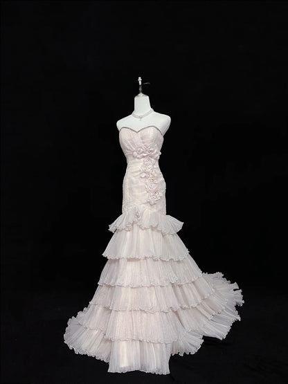 Beautiful Mermaid Sweetheart Pink Tulle With Tiered Layers Prom Dress Formal Outfits Party Dresses RB7585