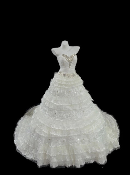 Classy Ball Gown Sweetheart White Tulle With Ruffled Tiered Layers Lace Brides Gown Bridal Dress Long Poofy Wedding Dresses RB5788