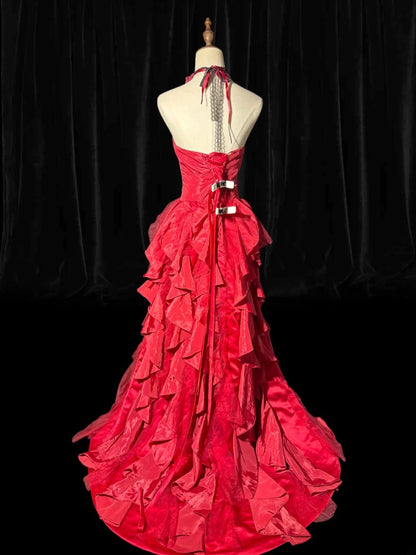 A line Strapless Sleeveless Hot Pink Floral Lace With Tiered Tiered Long Formal Fancy Evening Dresses Dinner Outfits Classy Party Gowns AS186