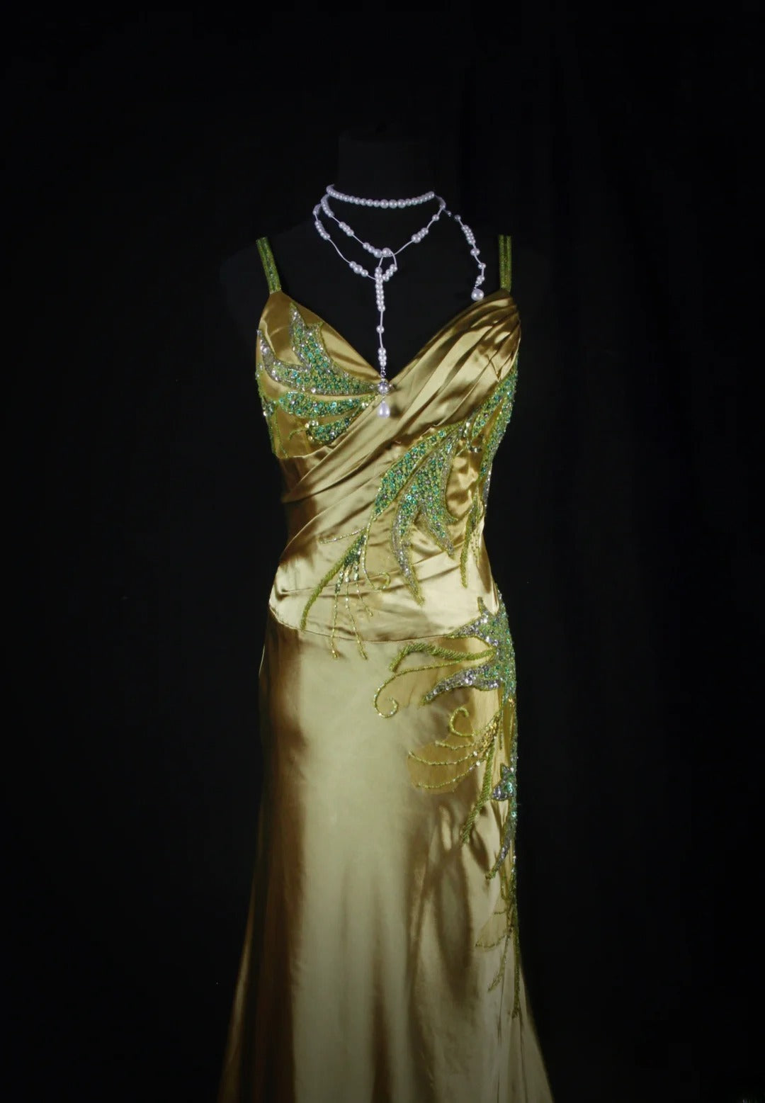 Elegantes Meerjungfrauen-Kleid mit Spaghettiträgern aus grünem Satin mit Perlen und Pailletten, langes, formelles Abendkleid für Teenager, ideal für Ball, Dinner und Party (AB2186)