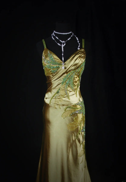 Elegantes Meerjungfrauen-Kleid mit Spaghettiträgern aus grünem Satin mit Perlen und Pailletten, langes, formelles Abendkleid für Teenager, ideal für Ball, Dinner und Party (AB2186)