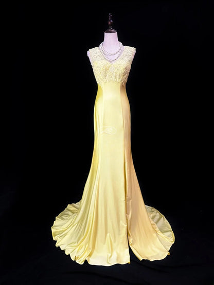 Vintage 70s Prom Dresses Mermaid V Neck Yellow Backless Satin With Split Lace Long Party Gown Formal Outfits RB5991