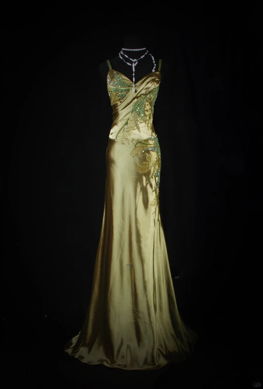 Elegantes Meerjungfrauen-Kleid mit Spaghettiträgern aus grünem Satin mit Perlen und Pailletten, langes, formelles Abendkleid für Teenager, ideal für Ball, Dinner und Party (AB2186)