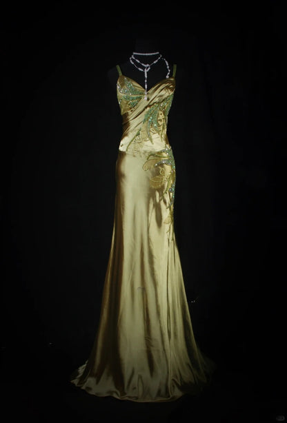 Elegantes Meerjungfrauen-Kleid mit Spaghettiträgern aus grünem Satin mit Perlen und Pailletten, langes, formelles Abendkleid für Teenager, ideal für Ball, Dinner und Party (AB2186)
