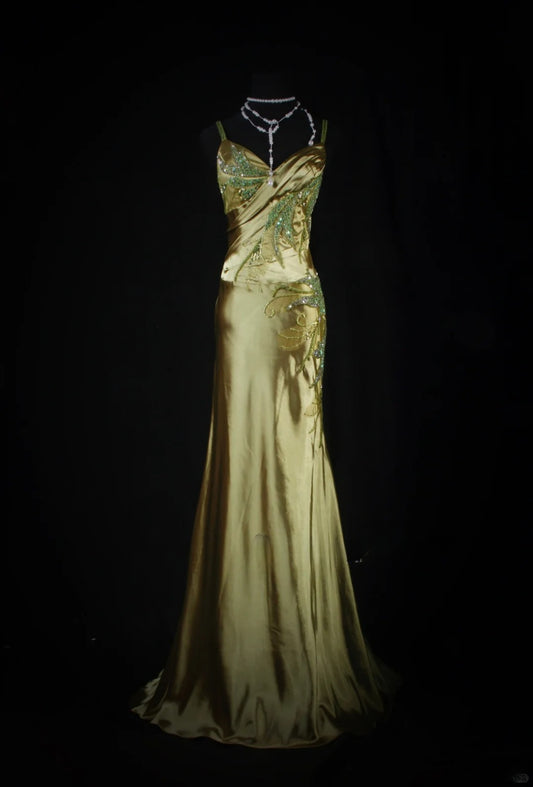 Elegantes Meerjungfrauen-Kleid mit Spaghettiträgern aus grünem Satin mit Perlen und Pailletten, langes, formelles Abendkleid für Teenager, ideal für Ball, Dinner und Party (AB2186)