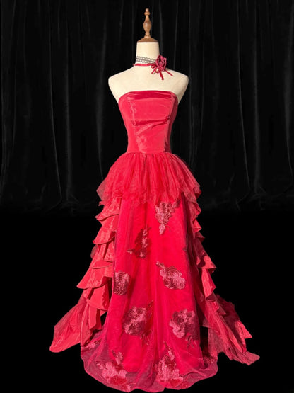 A line Strapless Sleeveless Hot Pink Floral Lace With Tiered Tiered Long Formal Fancy Evening Dresses Dinner Outfits Classy Party Gowns AS186