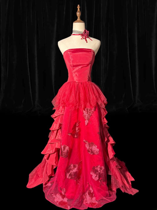 A line Strapless Sleeveless Hot Pink Floral Lace With Tiered Tiered Long Formal Fancy Evening Dresses Dinner Outfits Classy Party Gowns AS186