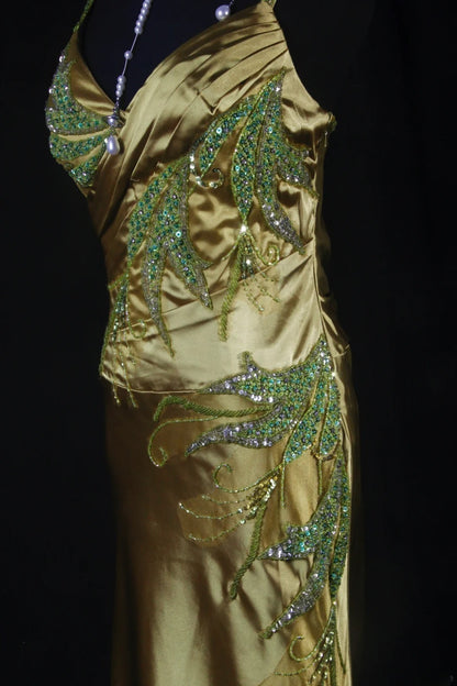 Elegantes Meerjungfrauen-Kleid mit Spaghettiträgern aus grünem Satin mit Perlen und Pailletten, langes, formelles Abendkleid für Teenager, ideal für Ball, Dinner und Party (AB2186)
