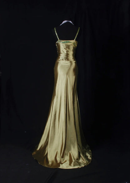Elegantes Meerjungfrauen-Kleid mit Spaghettiträgern aus grünem Satin mit Perlen und Pailletten, langes, formelles Abendkleid für Teenager, ideal für Ball, Dinner und Party (AB2186)