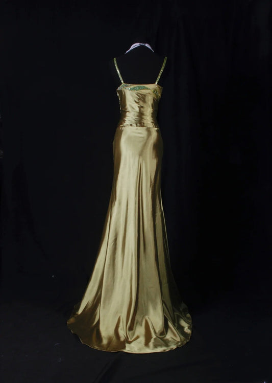 Elegantes Meerjungfrauen-Kleid mit Spaghettiträgern aus grünem Satin mit Perlen und Pailletten, langes, formelles Abendkleid für Teenager, ideal für Ball, Dinner und Party (AB2186)