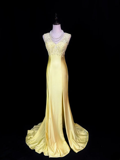 Vintage 70s Prom Dresses Mermaid V Neck Yellow Backless Satin With Split Lace Long Party Gown Formal Outfits RB5991