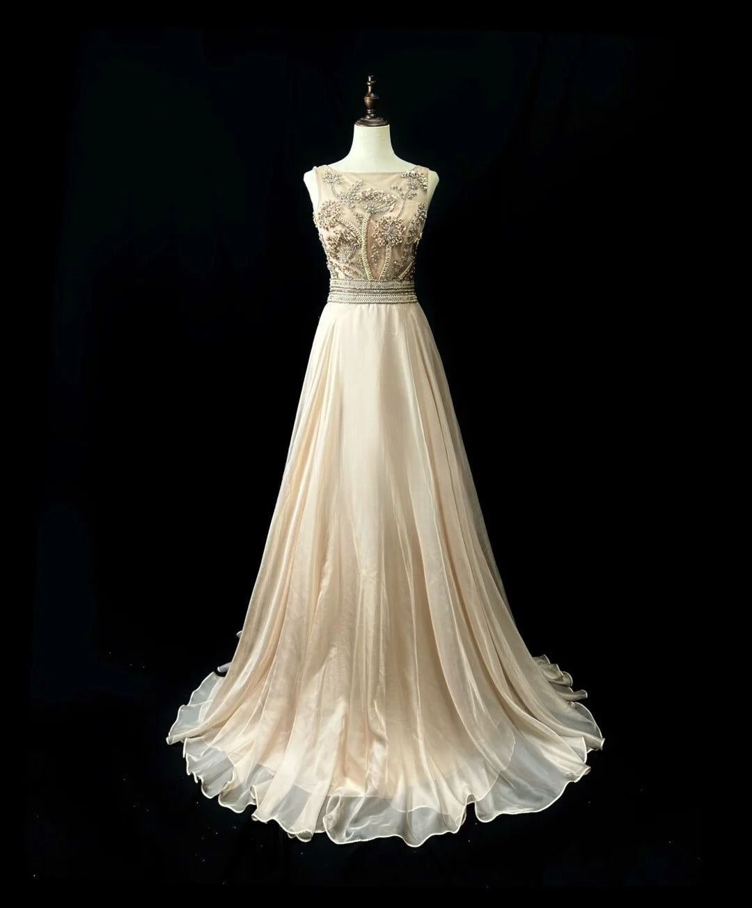Vintage 70s Prom Dresses A line Jewel Neck Champagne Chiffon With Crystals Long Party Gown Formal Outfits RB5992