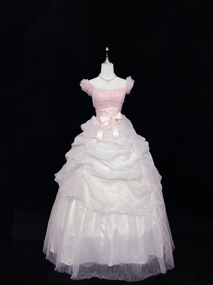 Pretty Ball Gown Square Neck Pink With Tiered Layers Long Prom Dress Tulle Sweet 16 Sweet Sixteen Outfits Vestido de 15 RB7588
