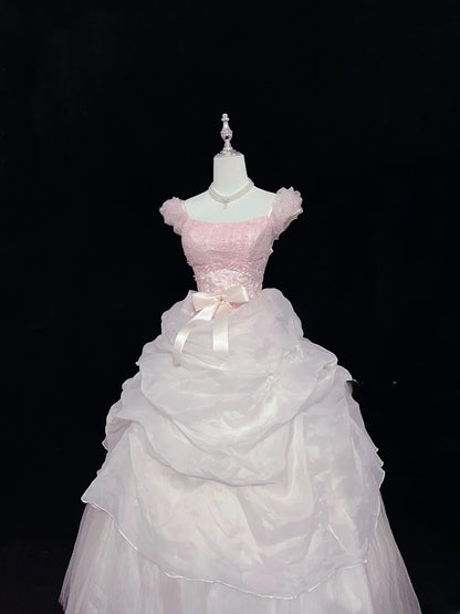 Pretty Ball Gown Square Neck Pink With Tiered Layers Long Prom Dress Tulle Sweet 16 Sweet Sixteen Outfits Vestido de 15 RB7588