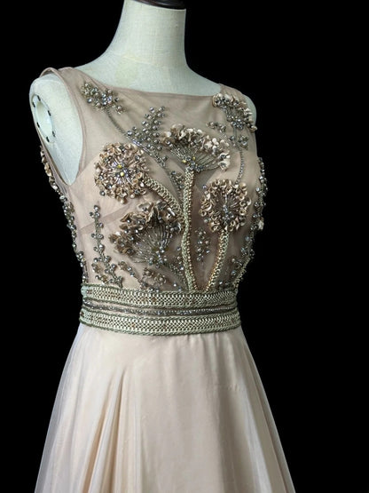 Vintage 70s Prom Dresses A line Jewel Neck Champagne Chiffon With Crystals Long Party Gown Formal Outfits RB5992