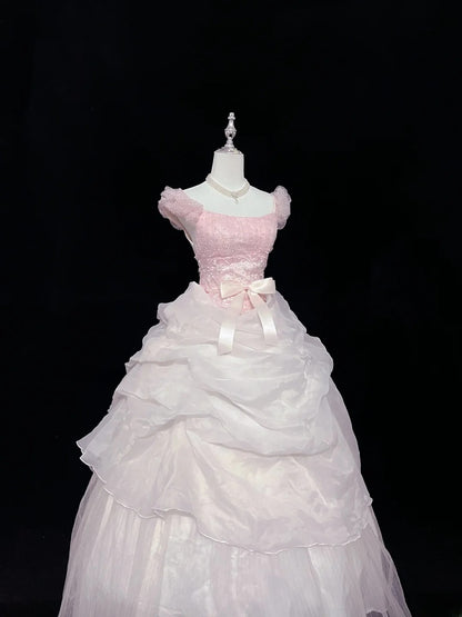 Pretty Ball Gown Square Neck Pink With Tiered Layers Long Prom Dress Tulle Sweet 16 Sweet Sixteen Outfits Vestido de 15 RB7588