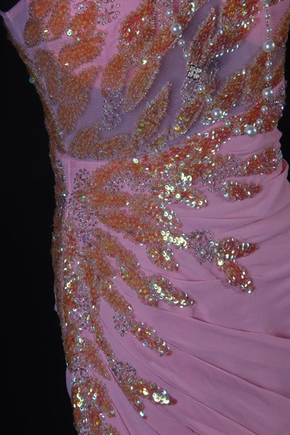 Elegantes, einseitig schulterfreies, rosafarbenes Chiffon-Abendkleid im Meerjungfrauenstil, langes Partykleid AS188